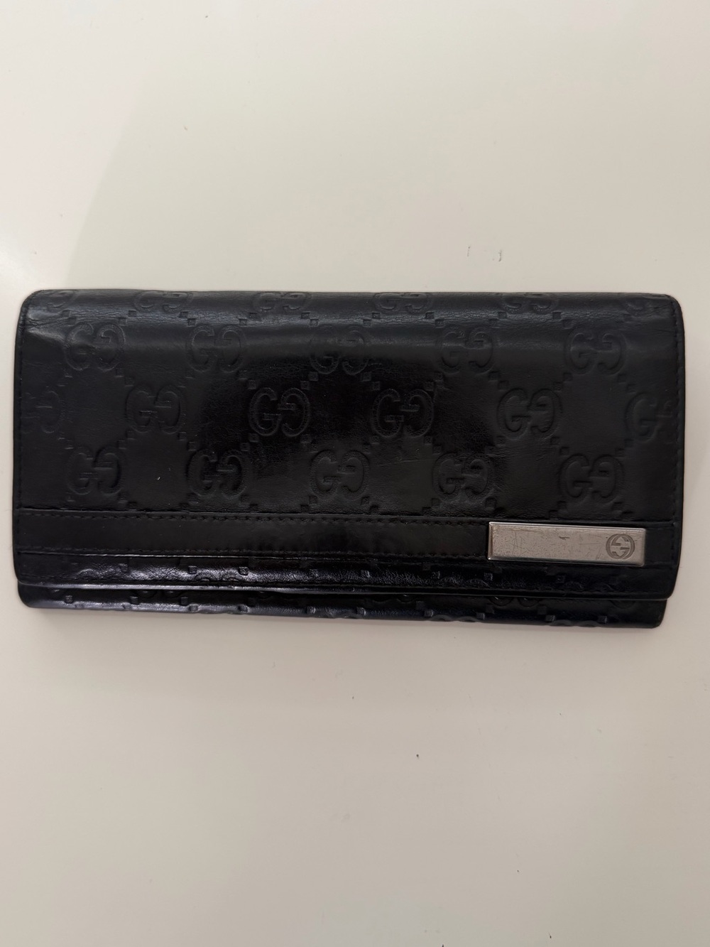 Authentic Gucci Black GG Embossed Leather Long Wallet with Silver Accent